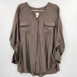 Chicos 3 Long Sleeve Button Front Shirt Womens Size XL Green Roll Tab Sleeve